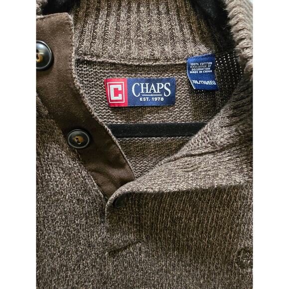 Chaps brown knit quarter button 100% cotton sweater XXL with elbow patches - Picture 2 of 11